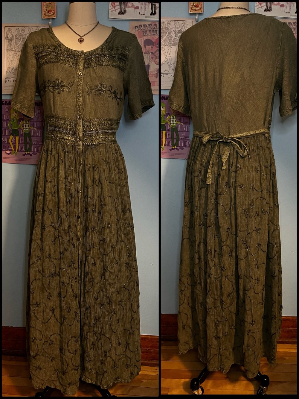 Vintage 90s Whimsigoth Cottagecore Embroidered Sage Green Maxi Dress Goblincore